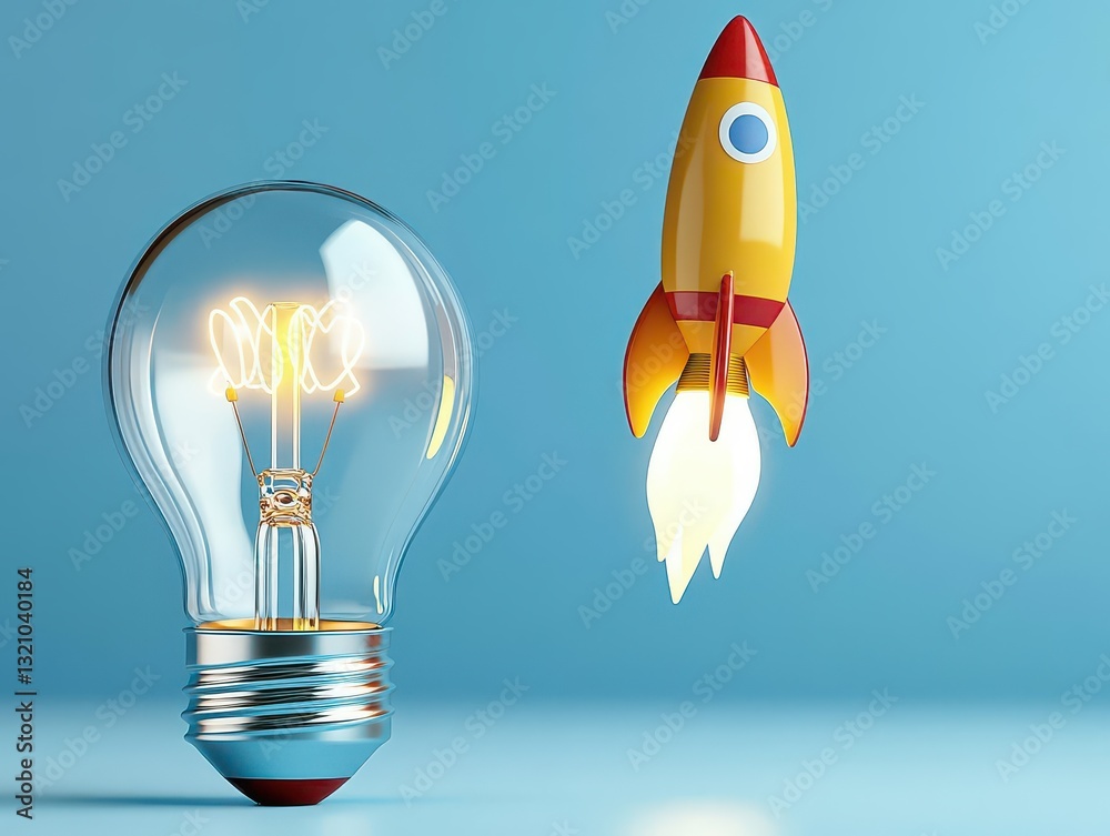 Poster light bulb housing a rocket inside representing innovation, adventure, and the spirit of exploration