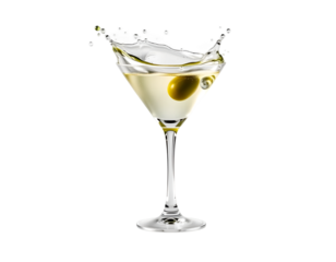 Glass of martini with olives, isolated on transparent background