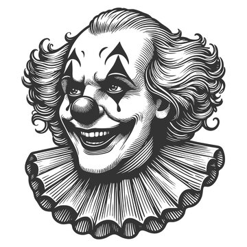 recommend clip art: clown face with curly hair, exaggerated makeup, and a ruffled collar in retro engraving style sketch engraving generative ai raster illustration. Scratch board imitation. Black and white image.
