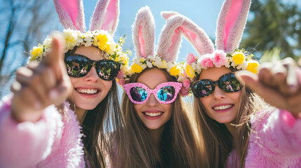 Friends dressed as Easter bunnies taking selfies with flower crowns at a sunny spring celebration.