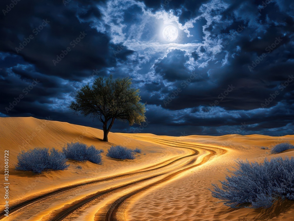 Poster solitary tree positioned in the middle of a vast desert with dramatic landscape and clear skies crea