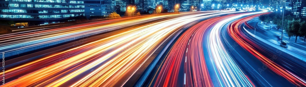 Poster vibrant cityscape at night with light trails from moving vehicles creating a dynamic and lively urba