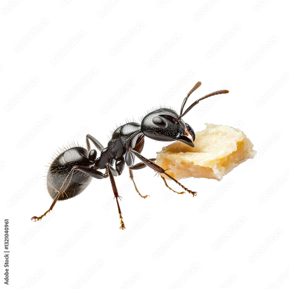 Poster close up of black ant carrying piece of food, showcasing its detailed features and texture. ant is d
