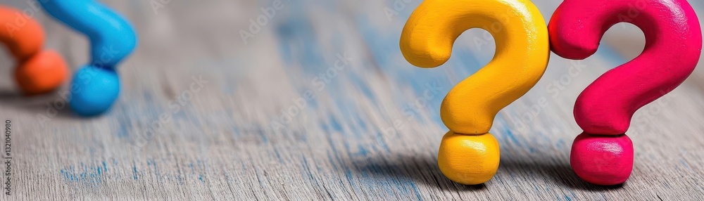 Poster question mark symbol sitting on a wooden table surface representing uncertainty and inquiry in daily