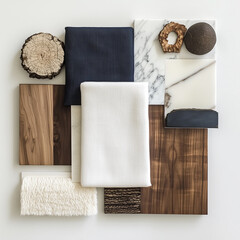 White background Mood board with white fabric, dark wood, wood, dark blue fabric, walnut black glass, black metal, marble, cream fur