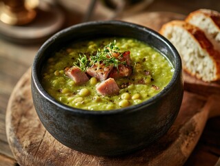 Rustic bowl of split pea soup with smoked ham, featuring a traditional recipe updated with gourmet ingredients