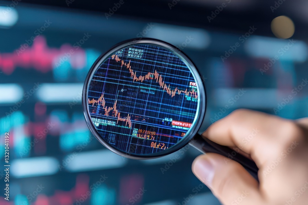 Aufkleber A person holding a magnifying glass over a stock chart to analyze trends and data for financial insights and decisions