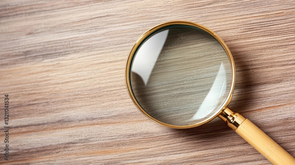 Aufkleber magnifying glass placed on a rustic wooden table surrounded by natural light and soft shadows for a 