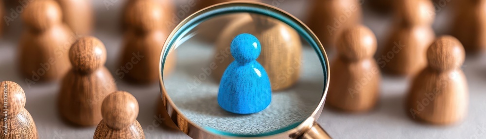 Poster blue man reflected in a mirror surrounded by wooden pegs creating a unique visual arrangement and in