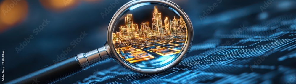 Poster Urban cityscape viewed through a magnifying lens offering a unique perspective on architecture and city life