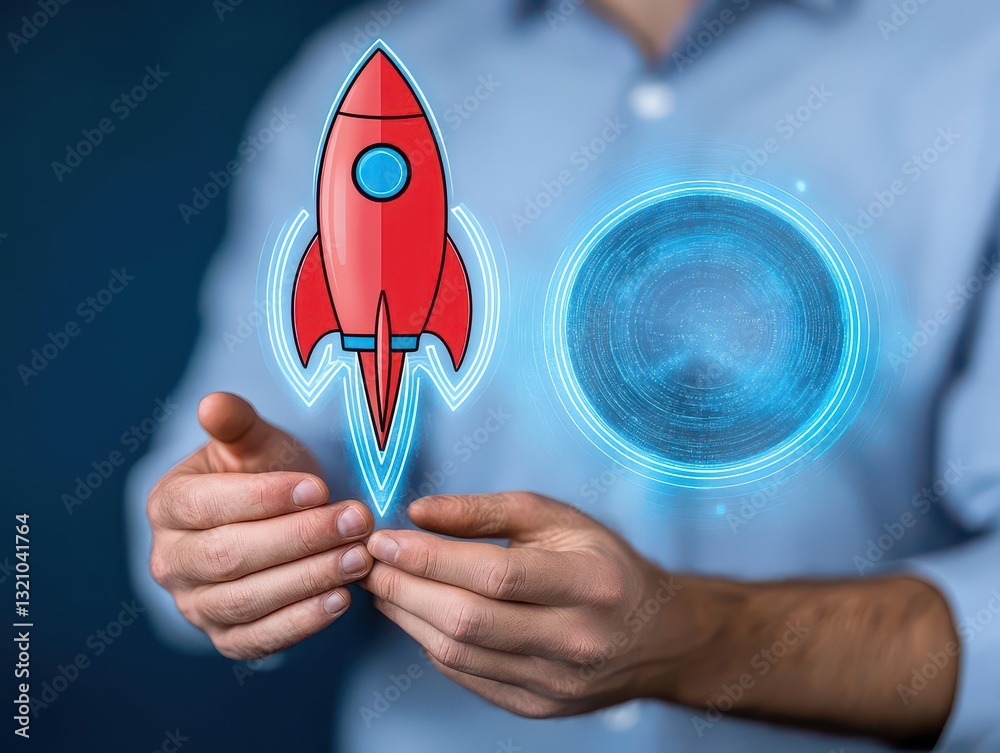 Poster Man holding a red rocket surrounded by a blue circle symbolizing innovation and progress in technology and growth