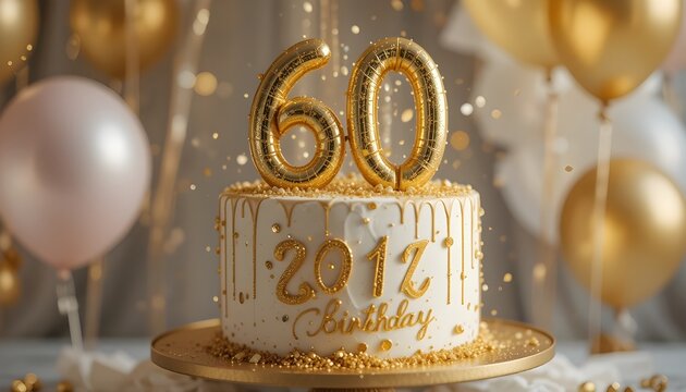 Elegant 60th Birthday Cake Decorated with Gold Accents and Festive Balloons - Powered by Adobe