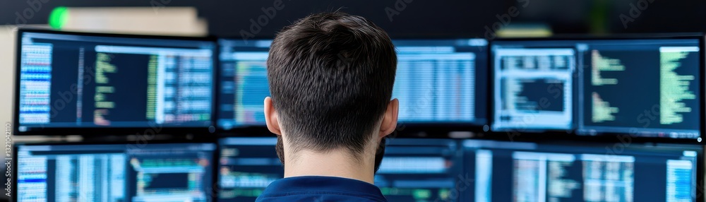 Poster Concentrated man analyzing data on multiple computer monitors in a high-tech office environment