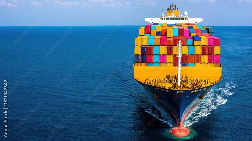 Poster large container ship navigating through calm waters under clear skies with cargo ready for global tr