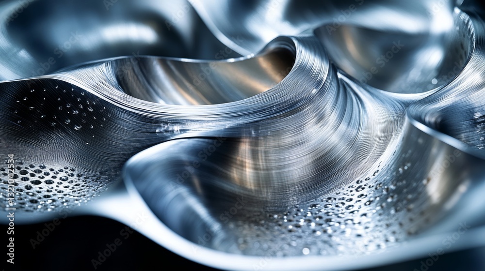 Fototapete Close-up view of a metallic surface displaying complex curves and water droplets, showing the precision of engineering in metallurgy and manufacturing.