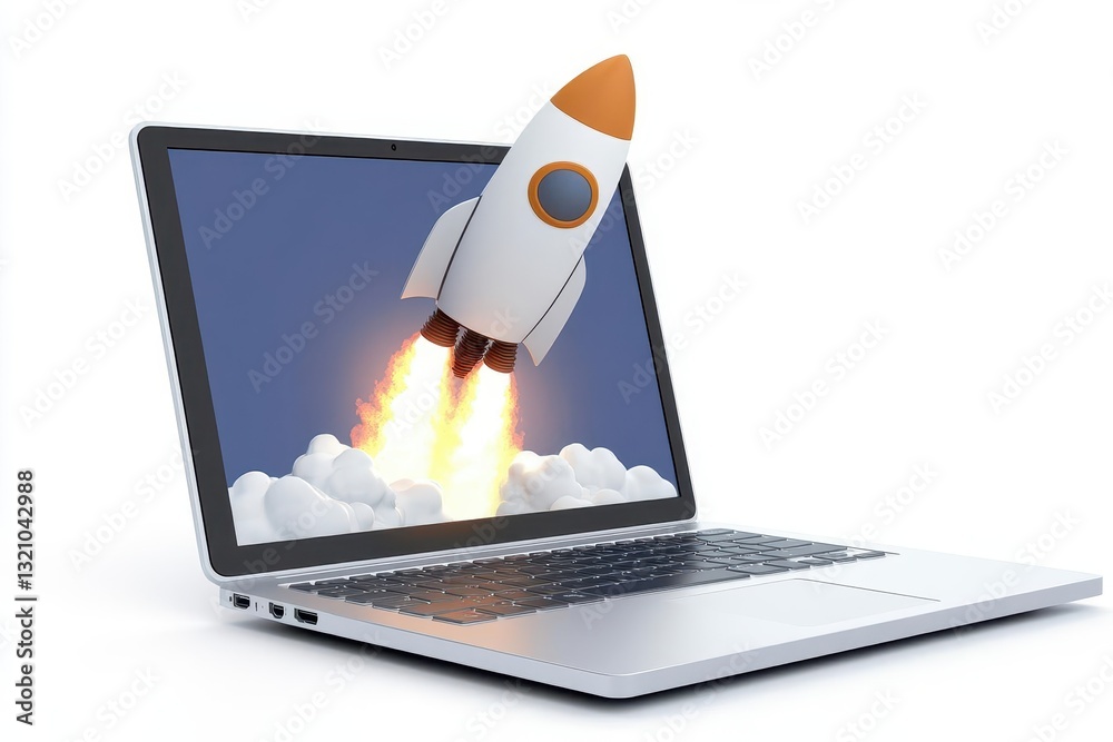 Poster creative concept of a laptop with a rocket launching out of it symbolizing innovation and technology
