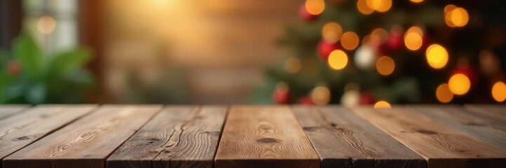 Clean empty wood table, soft focus festive backdrop , copy space, soft