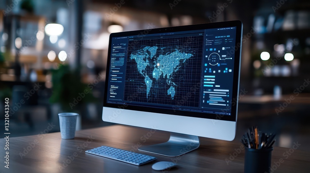 Aufkleber Desktop computer displaying a detailed world map on the screen indicating global information and navigation tools