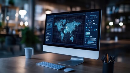 Desktop computer displaying a detailed world map on the screen indicating global information and navigation tools