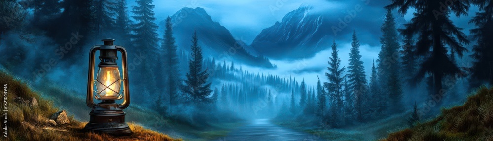 Aufkleber enchanted forest scene featuring a glowing lantern illuminating the surrounding trees and nature's m