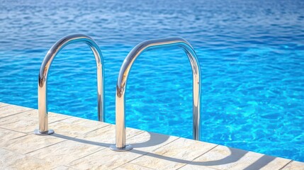 Inviting swimming pool featuring a sleek metal handrail and clear water creating a relaxing and refreshing atmosphere