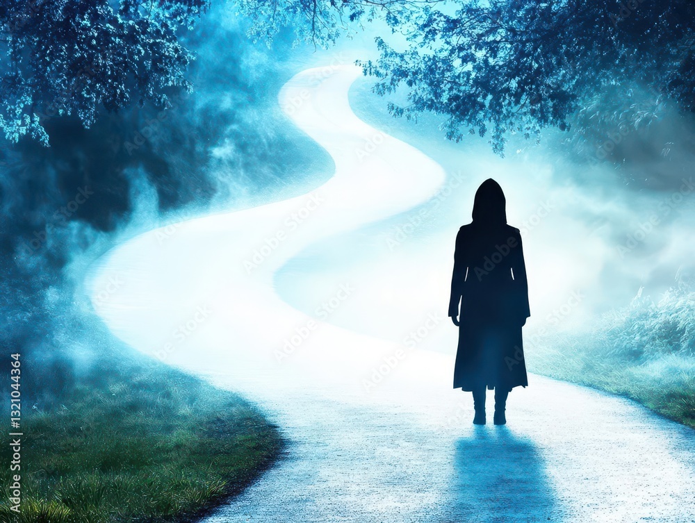 Poster a woman walking down a path surrounded by lush green trees in the heart of a forest invoking serenit