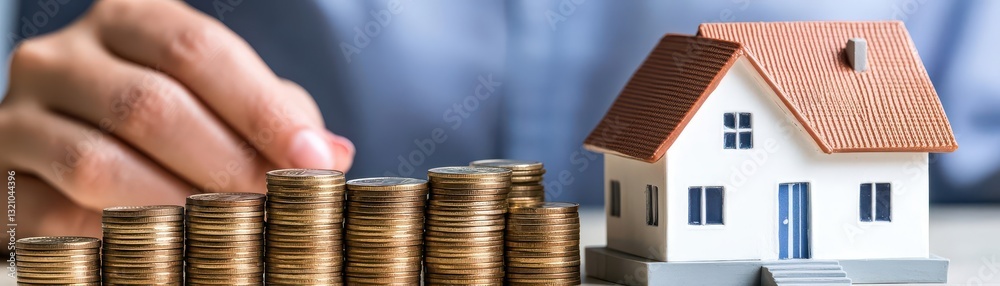 Poster a charming house with a stack of coins in the foreground representing financial planning and homeown