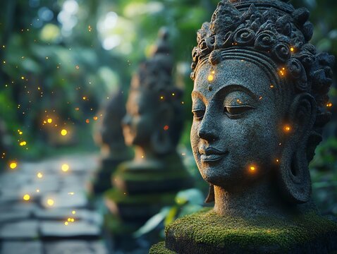 Serene Buddha Statue in Lush Green Garden with Sparkling Lights