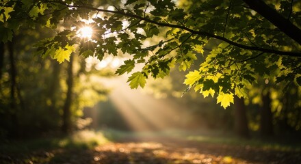 Fototapeta premium Sunlight filtering through leaves in a serene forest pathway scene
