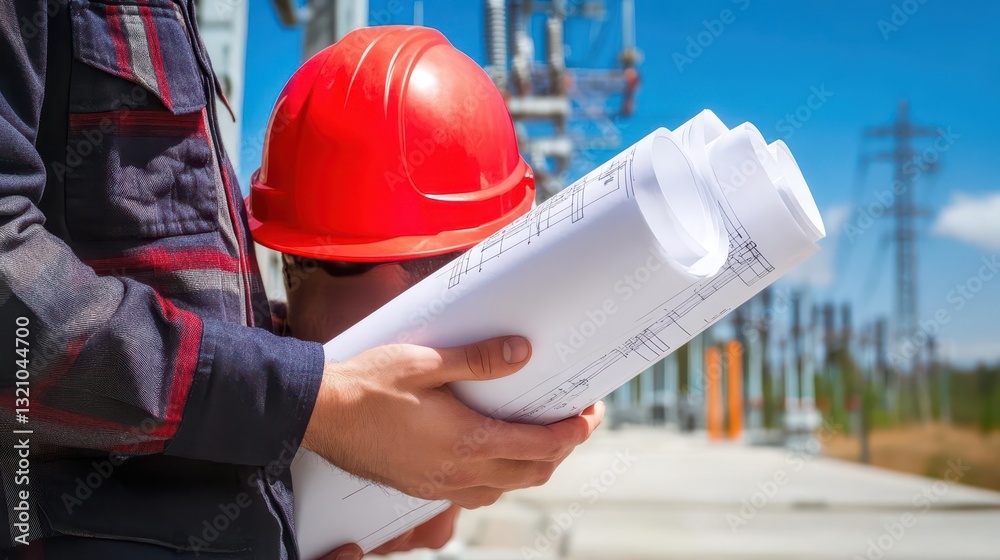 Poster focused construction worker holding a blueprint with determination and professionalism in an active 