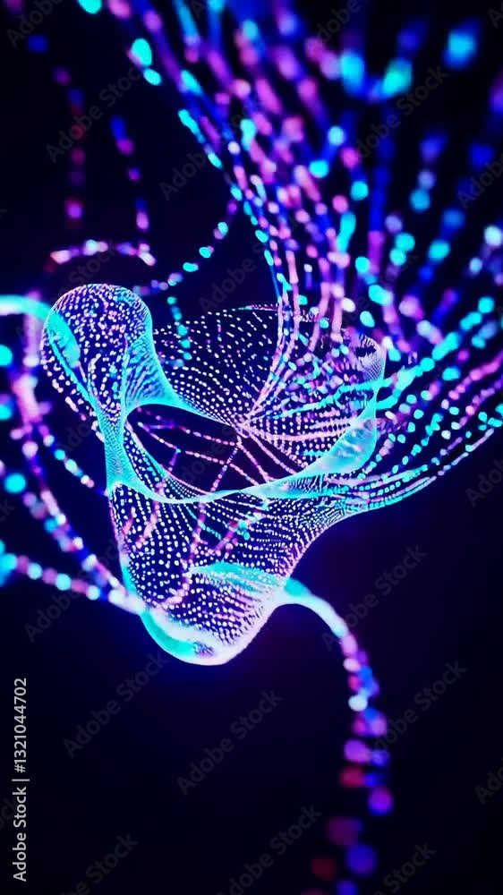 Poster dynamic motion of glowing abstract particles creating mesmerizing patterns in a dark space