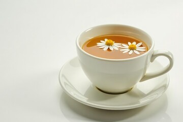 Soothing chamomile tea in a delicate ceramic cup on a white background, cup, gentle
