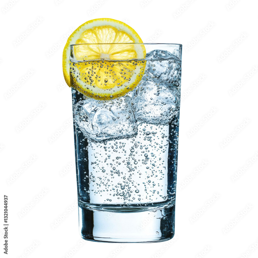 Poster refreshing glass of sparkling water with ice and lemon slice. perfect for hydration and summer enjoy