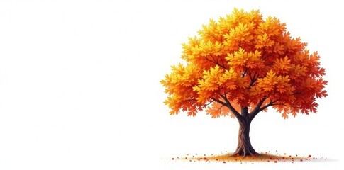 Fototapeta premium Tree in autumnal hues with golden leaves on white background, trunk, foliage