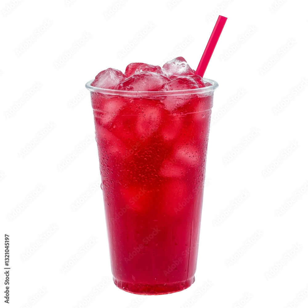 Poster refreshing red beverage in clear cup with ice and straw