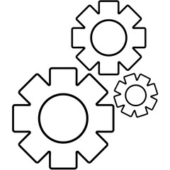 Three interlocking gear wheels illustration of different sizes, each outlined in bold black strokes, symbolizing machinery, construction or industrial design. The gears vary in size.