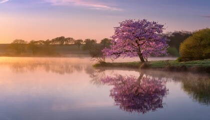 Obraz premium serene spring landscape with a blooming tree and a reflection on a lake