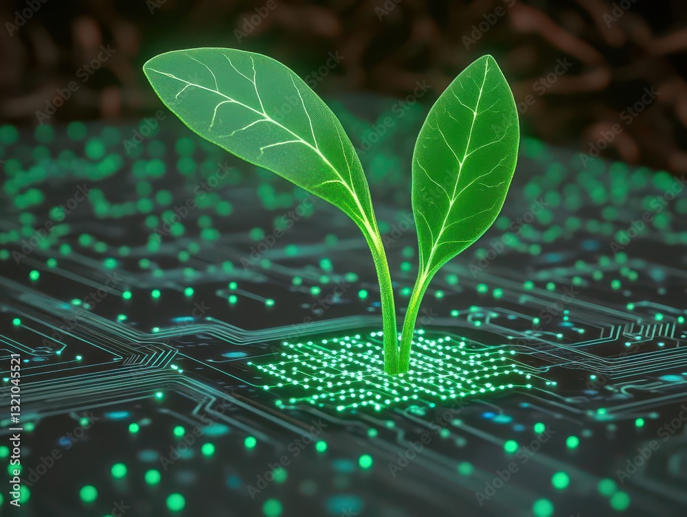 Poster a vibrant green plant thriving on a complex circuit board representing nature?s resilience in techno