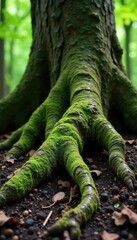 Tree roots exposed in soil with moss and lichen, soil, moss