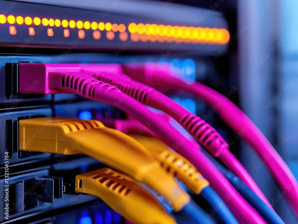 Aufkleber High-tech network server with multiple connections and indicators indicating data transfer and digital communication