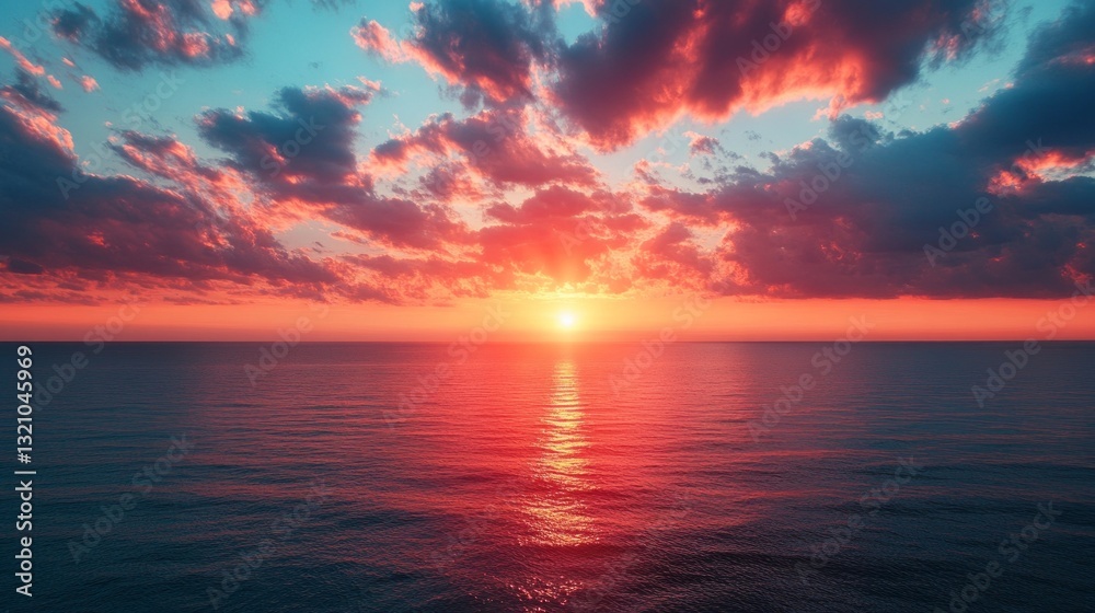 Poster as the sun dips below the horizon, the ocean reflects shades of red and orange. wispy clouds catch t