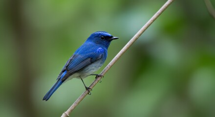 Obraz premium Vibrant blue bird perched on a slender branch in a lush green forest