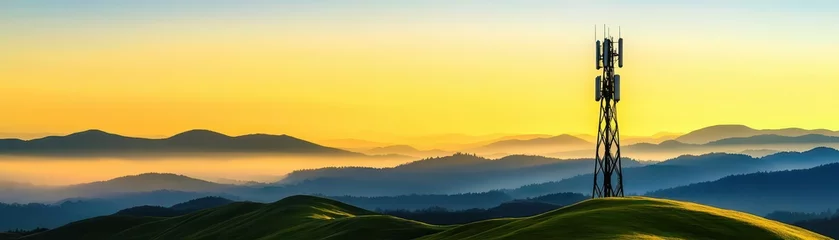 Gordijnen Majestic mountain landscape featuring a communication cell tower against a clear blue sky in a scenic outdoor setting © taweesak