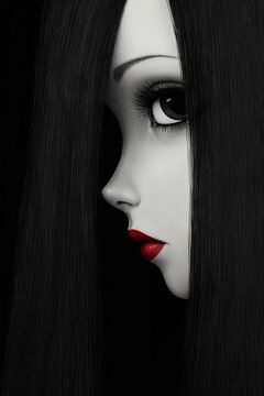 Profile portrait of a brunette girl with long hair and striking features against a black background