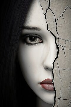Close-up of a girl's face with a cracked surface revealing delicate features and a captivating gaze