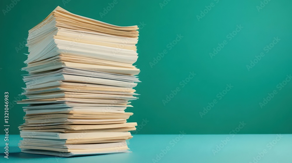 Poster A tall stack of colorful books with varying sizes on a wooden table against a blurred background of a library