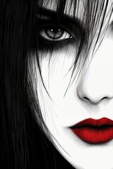 Close-up portrait of a young woman with bold makeup and dark hair on a minimalist background