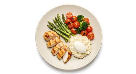 Top-Down View of a Centered Plate with Grilled Chicken, Colorful Vegetables, and Fluffy White Rice