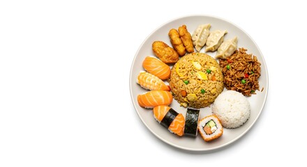 Asian Food Plate with Sushi, Dumplings, and Fried Rice on Plain White Background, HD Minimal Style