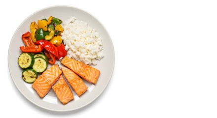 Top-Down View of a Centered Plate Featuring a Nutritious Meal with Salmon, Fresh Vegetables, and Steamed Rice